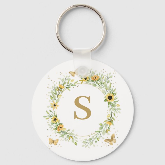 Sunflower Wreath With Butterflies Monogram Key Ring (Front)