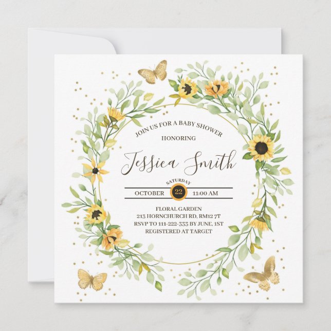 Sunflower Wreath with Cute Butterflies Baby Shower Invitation (Front)
