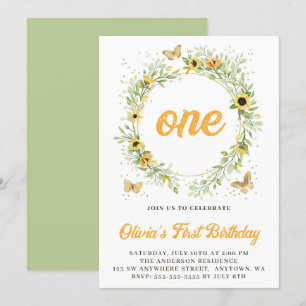 Sunflower Wreath With Cute Butterflies Birthday Invitation