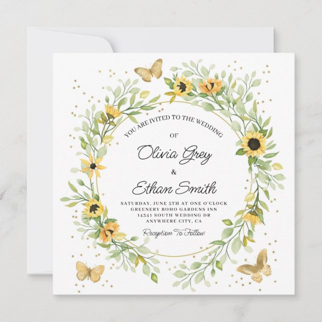 Sunflower Wreath with Cute Butterflies Wedding Inv Invitation (Front)