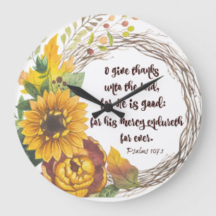 Sunflower Wreath with Give Thanks Bible Verse  Large Clock