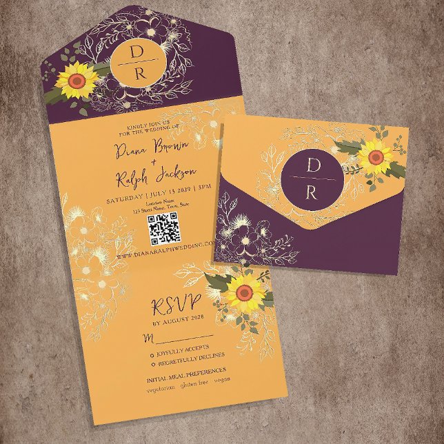 Sunflower Yellow and Purple Wedding All In One Invitation (Creator Uploaded)