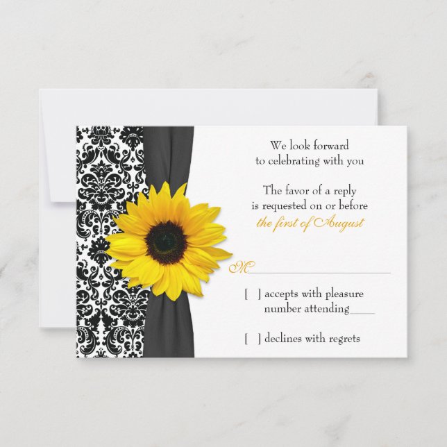 Sunflower Yellow Black Damask Wedding RSVP Reply Card (Front)