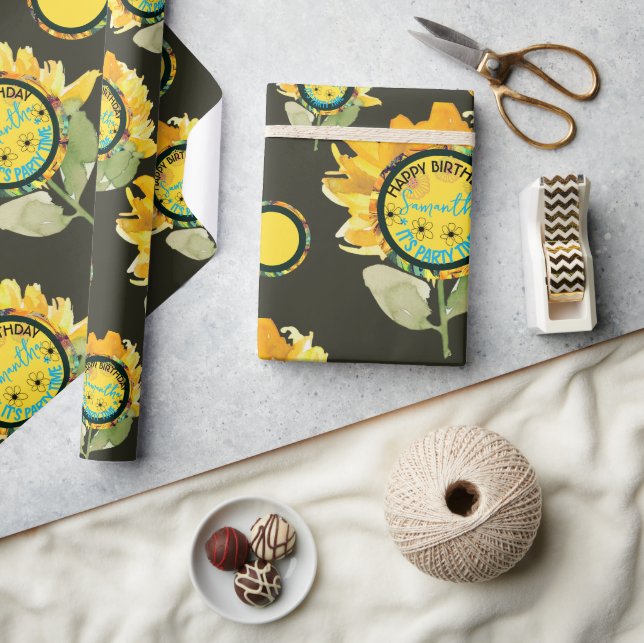 Sunflower Yellow black Girl Birthday Wrapping Paper (Crafts)