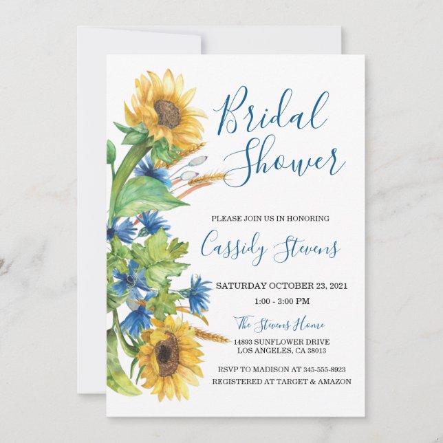 Sunflower Yellow Blue Floral Fall Bridal Shower Invitation (Front)