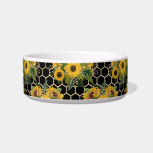 Sunflower Yellow Bouquet Honeycomb Black Pet Bowl