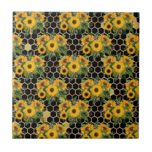 Sunflower Yellow Bouquet Honeycomb Black Tile