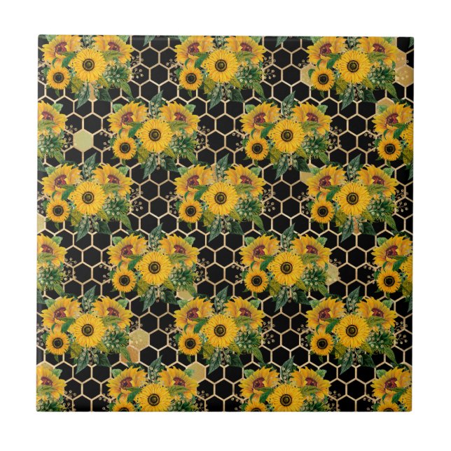 Sunflower Yellow Bouquet Honeycomb Black Tile (Front)