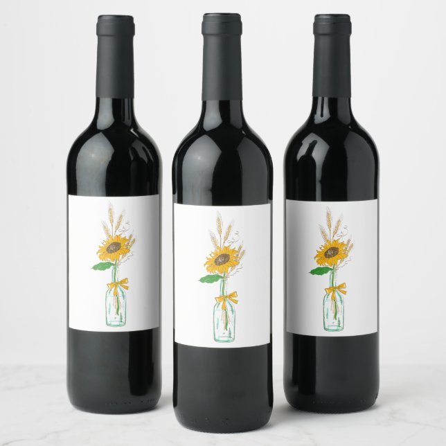 Sunflower Yellow Brown Rustic Country Fall Wedding Wine Label (Bottles)