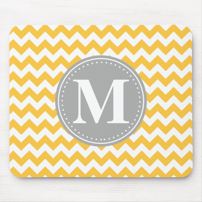 Sunflower Yellow Chevron Pattern Grey Monogram Mouse Mat (Front)