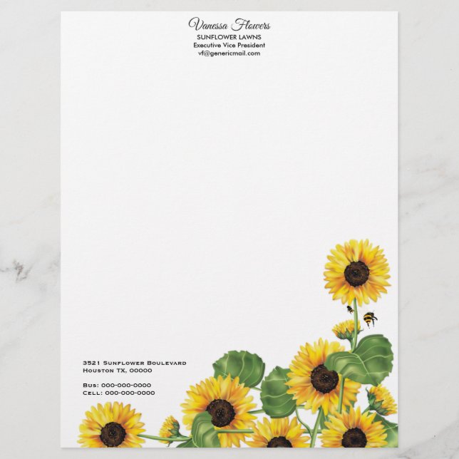 Sunflower Yellow Country Floral Custom Letterhead (Front)