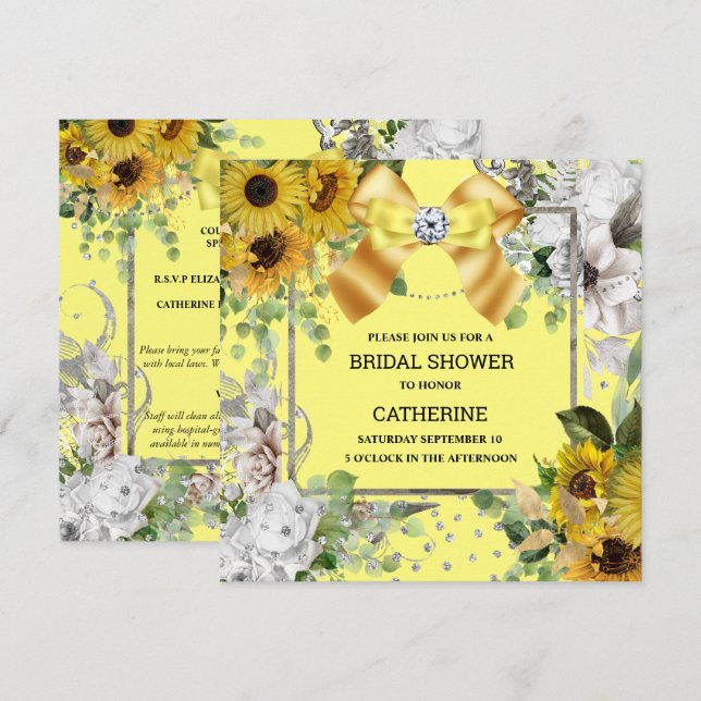 Sunflower yellow country shabby summer glitter invitation (Front/Back)