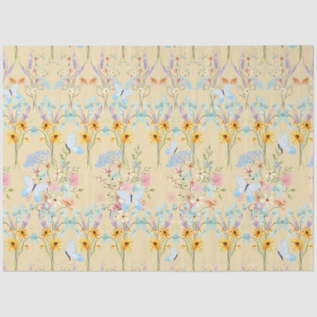 Sunflower Yellow Floral Blue Butterfly Decoupage Tissue Paper (Front)