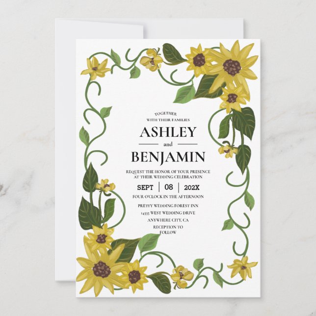 Sunflower Yellow Floral Botanical Hand drawn Oil  Invitation (Front)