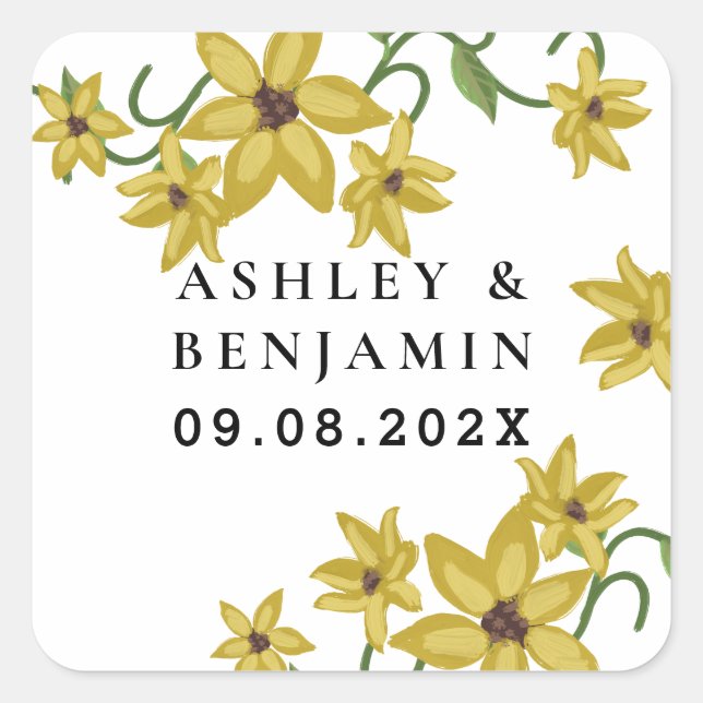 Sunflower Yellow Floral Botanical Hand drawn Oil  Square Sticker (Front)