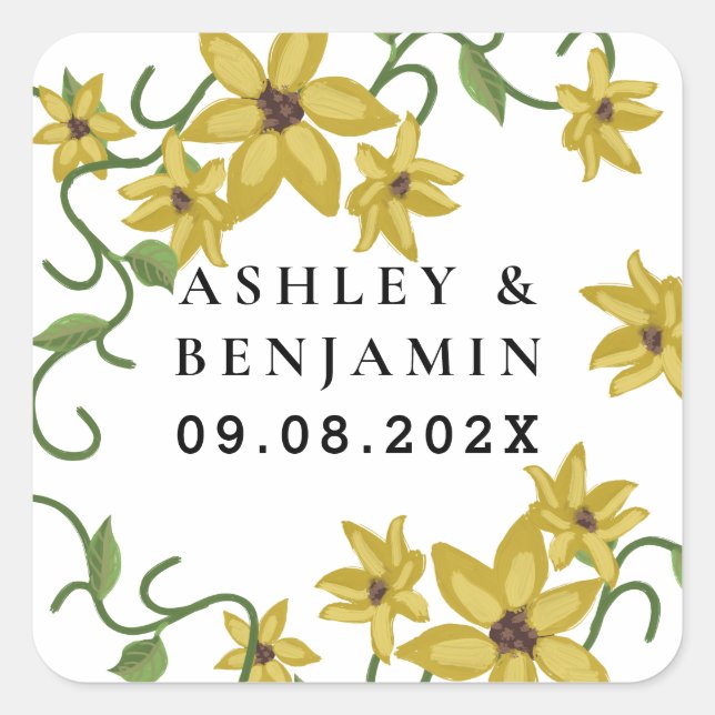 Sunflower Yellow Floral Botanical Hand drawn Oil  Square Sticker (Front)