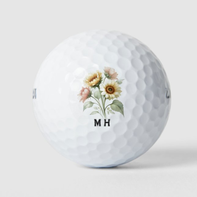 Sunflower Yellow Flowers Pretty Feminine Initial Golf Balls (Front)