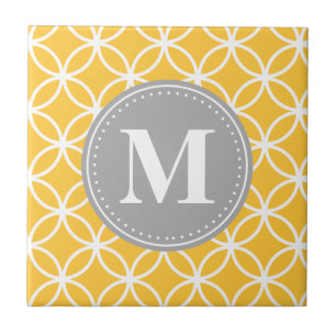 Sunflower Yellow Geometric Circles Grey Monogram Tile