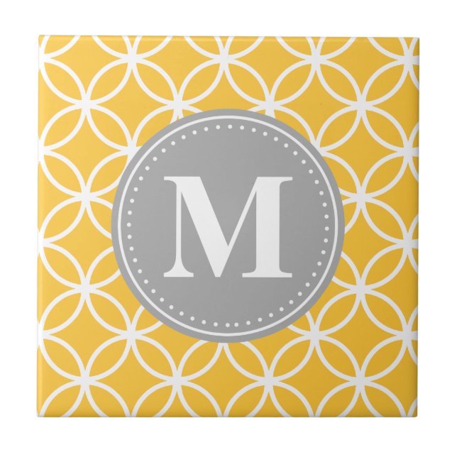 Sunflower Yellow Geometric Circles Grey Monogram Tile (Front)