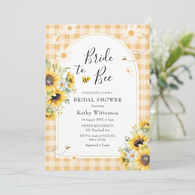 Sunflower Yellow Gingham Bride to Bee Bridal Invitation (Standing Front)