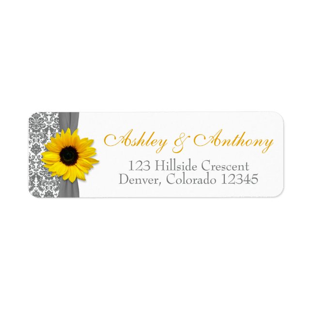 Sunflower Yellow Gray Damask Wedding Address (Front)
