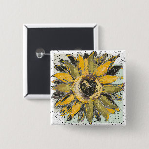 Sunflower Yellow Green Black Watercolor Style Art 15 Cm Square Badge