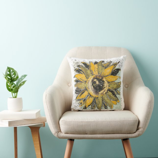 Sunflower Yellow Green Black Watercolor Style Art Cushion (Chair)