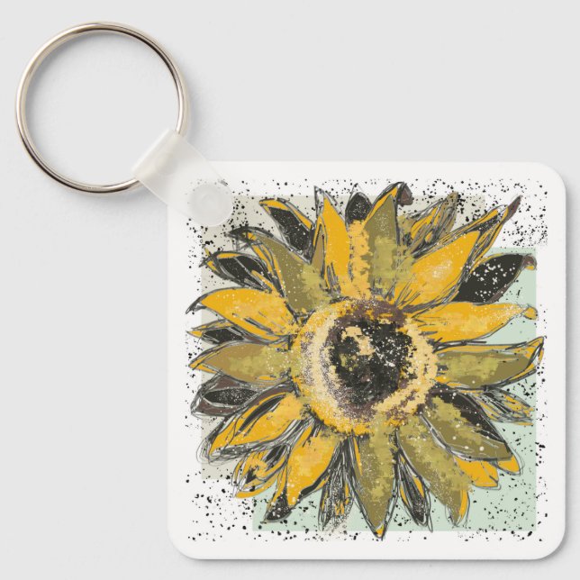 Sunflower Yellow Green Black Watercolor Style Art Key Ring (Front)