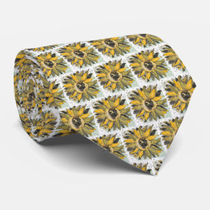 Sunflower Yellow Green Black Watercolor Style Art Tie
