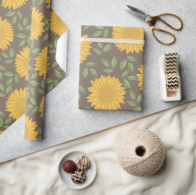 Sunflower Yellow Green Grey Floral Pattern Wrapping Paper (Crafts)