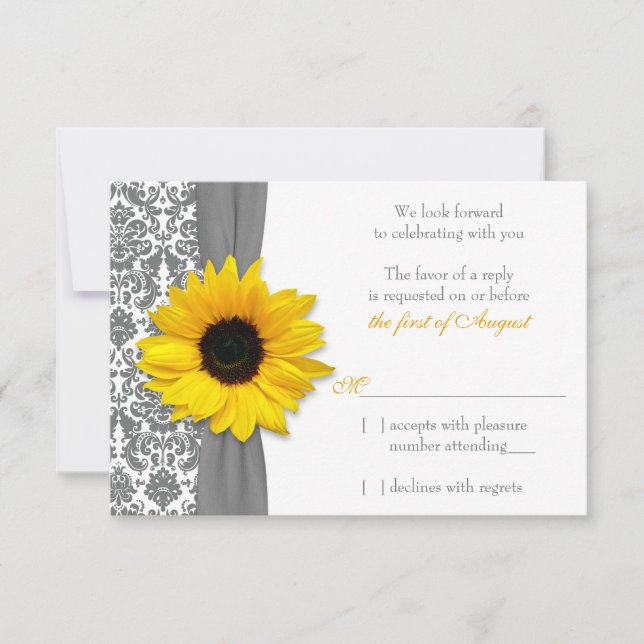 Sunflower Yellow Grey Damask Wedding RSVP Reply (Front)