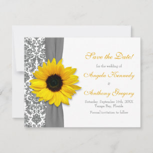 Sunflower Yellow Grey Damask Wedding Save the Date Invitation