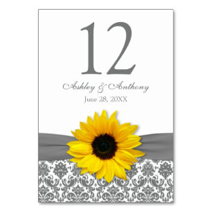 Sunflower Yellow Grey Damask Wedding Table Number