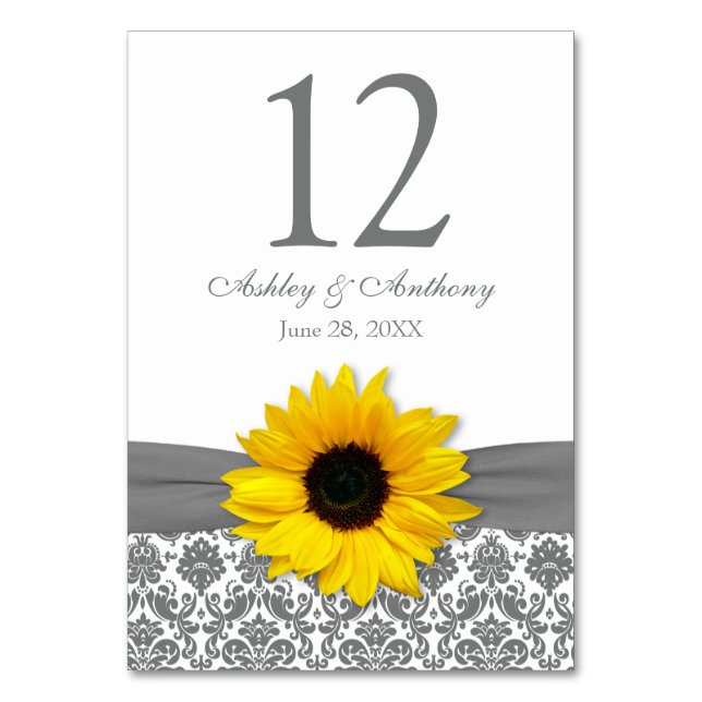 Sunflower Yellow Grey Damask Wedding Table Number (Front)