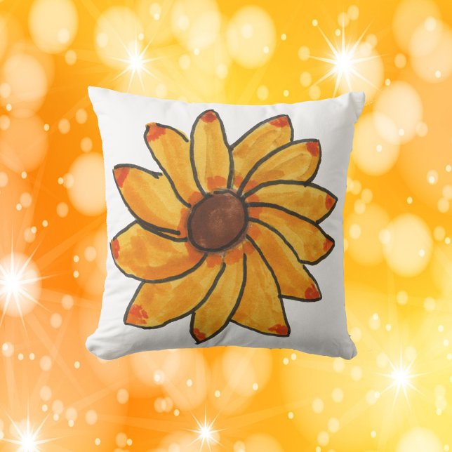 Sunflower Yellow Hand Drawn Cushion (A throw pillow with a hand drawn yellow flower.)