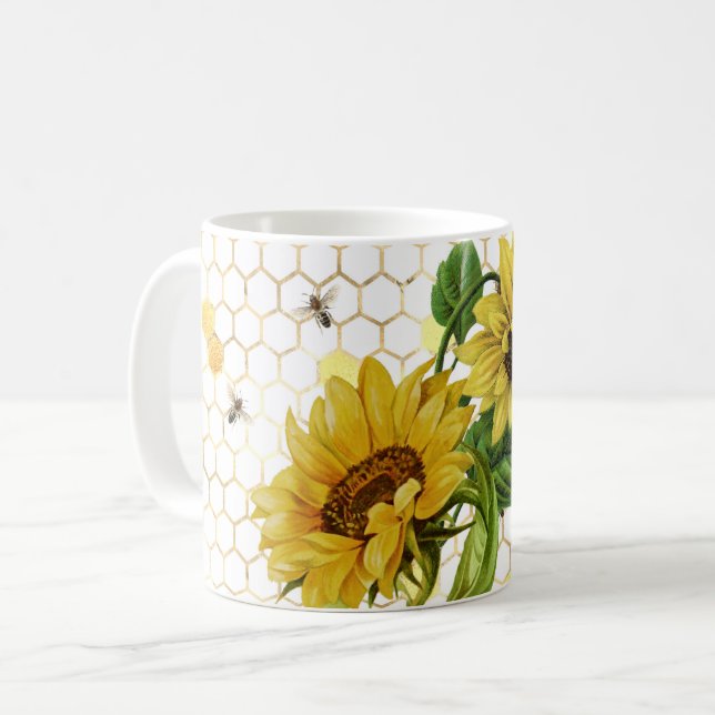Sunflower Yellow Honeycomb Bees Gold  Coffee Mug (Front Left)