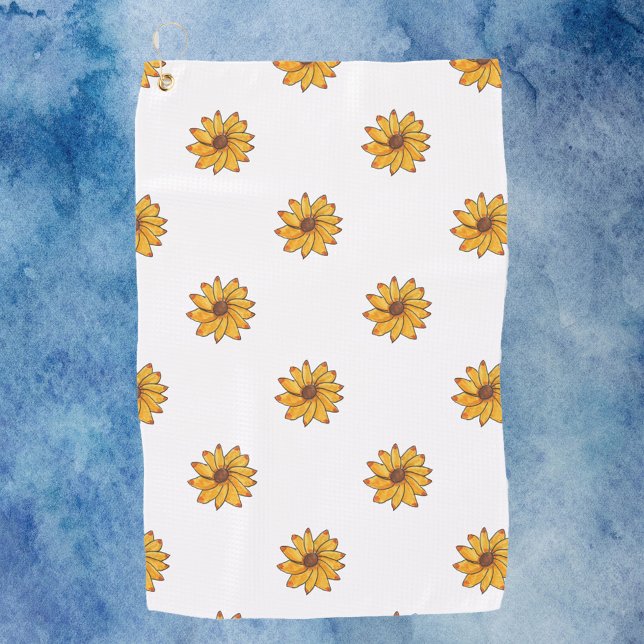 Sunflower Yellow Marker Pattern Golf Towel (A golf towel with a pattern of hand drawn sunflowers.)