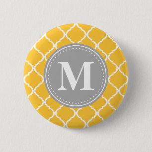 Sunflower Yellow Moroccan Lattice Grey Monogram 6 Cm Round Badge