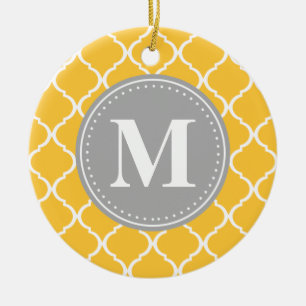 Sunflower Yellow Moroccan Lattice Grey Monogram Ceramic Tree Decoration