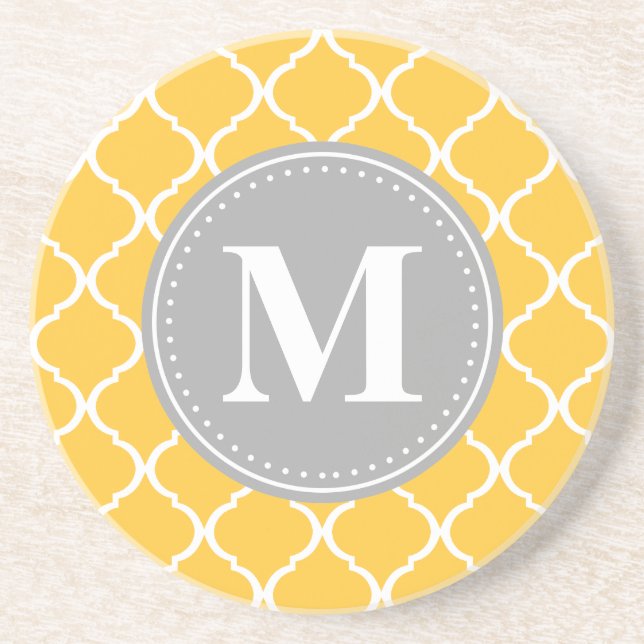 Sunflower Yellow Moroccan Lattice Grey Monogram Coaster (Front)