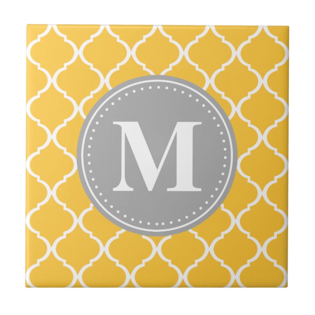 Sunflower Yellow Moroccan Lattice Grey Monogram Tile (Front)