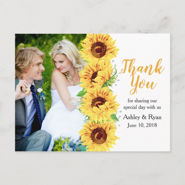 Sunflower Yellow Photo Wedding Thank You Postcard (Front)