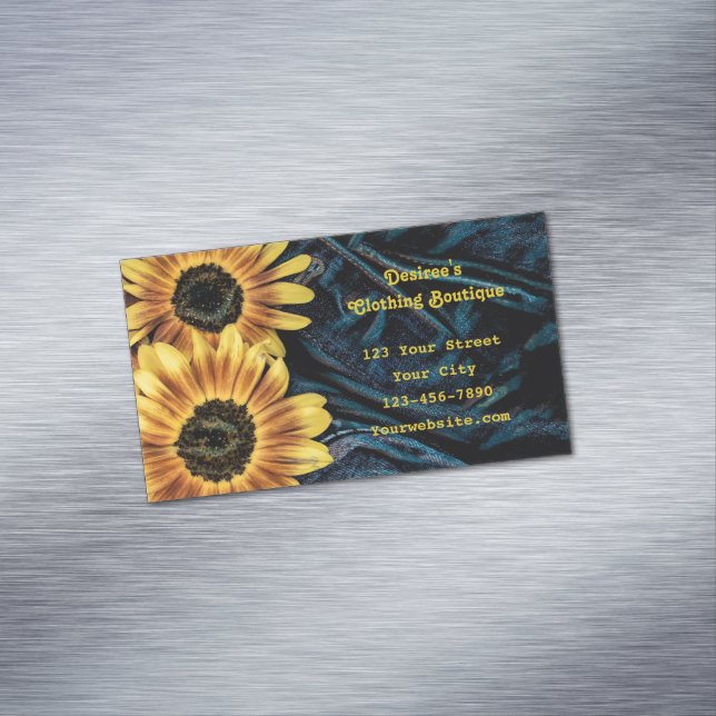 Sunflower Yellow Rustic Denim Blue Jeans Magnetic Business Card (In Situ)