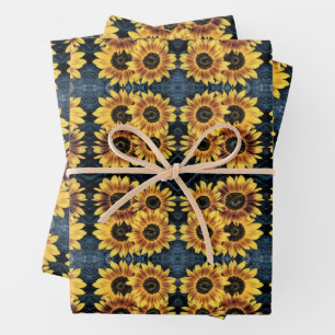 Sunflower Yellow Rustic Denim Blue Jeans Pattern Wrapping Paper Sheet