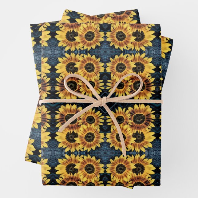 Sunflower Yellow Rustic Denim Blue Jeans Pattern Wrapping Paper Sheet (In situ)