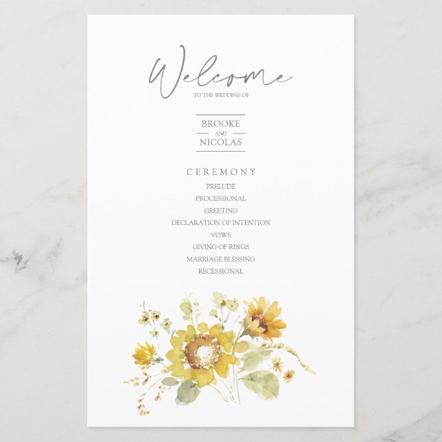 Sunflower Yellow Rustic Wedding Program (Front)
