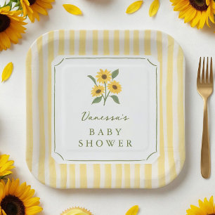 Sunflower & Yellow Stripes Baby Shower Paper Plate