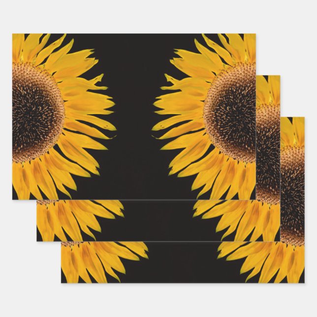 Sunflower Yellow Symmetrical Black Background Wrapping Paper Sheet (Set)