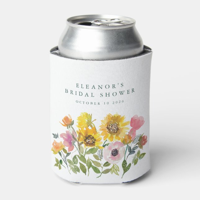 Sunflower Yellow Watercolor Custom Bridal Shower Can Cooler (Can Front)