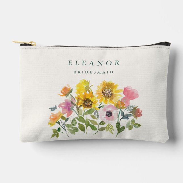 Sunflower Yellow Watercolor Custom Bridesmaid Gift Accessory Pouch (Front)